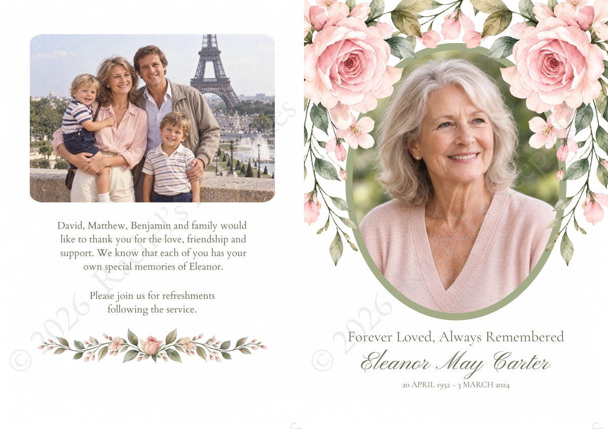Blush Rose Funeral Order of Service Canva Template – A5 Folded