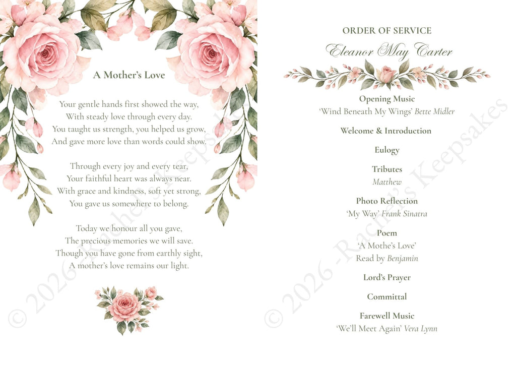 Blush Rose Funeral Order of Service Canva Template – A5 Folded