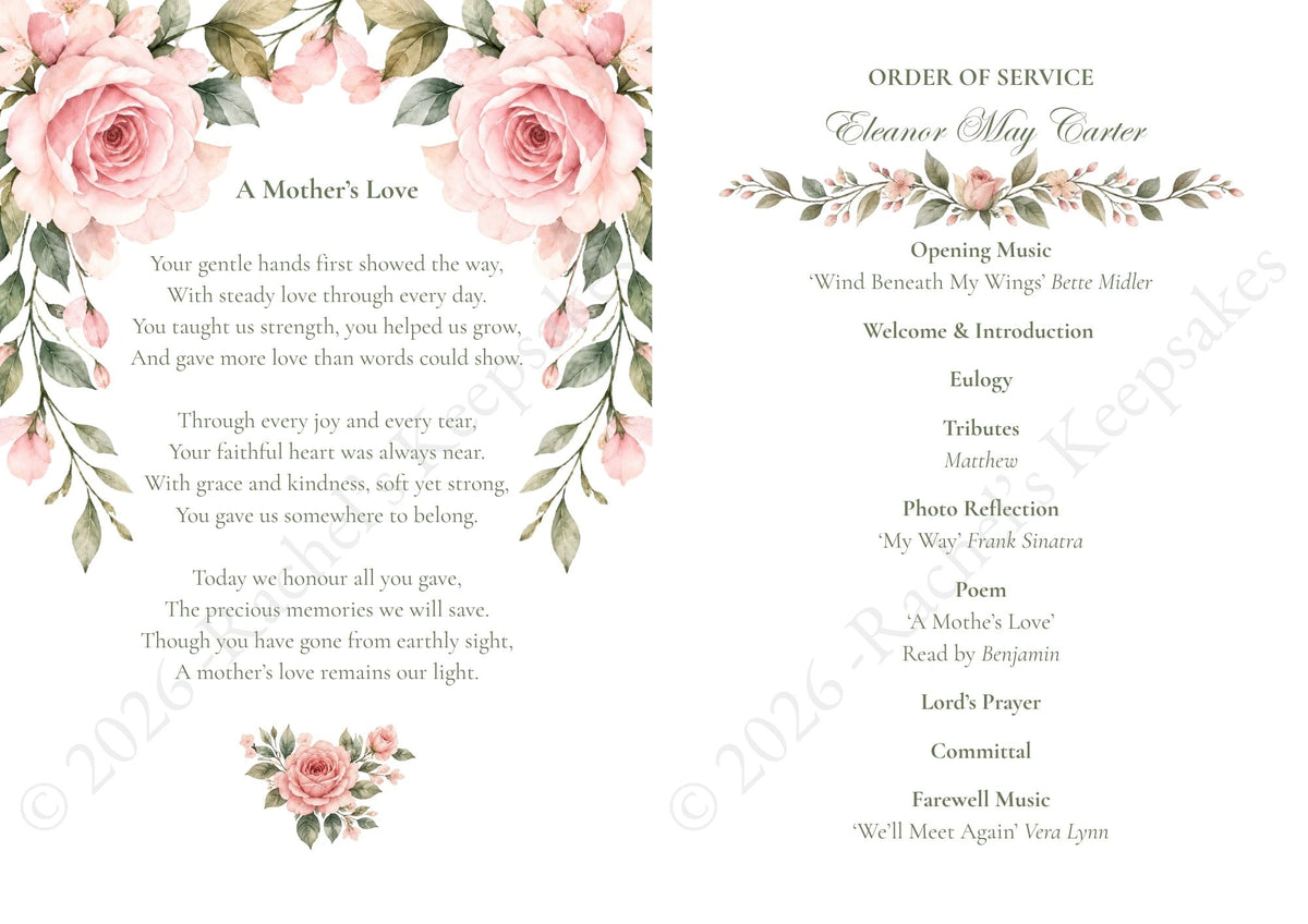 Blush Rose Funeral Order of Service Canva Template – A5 Folded