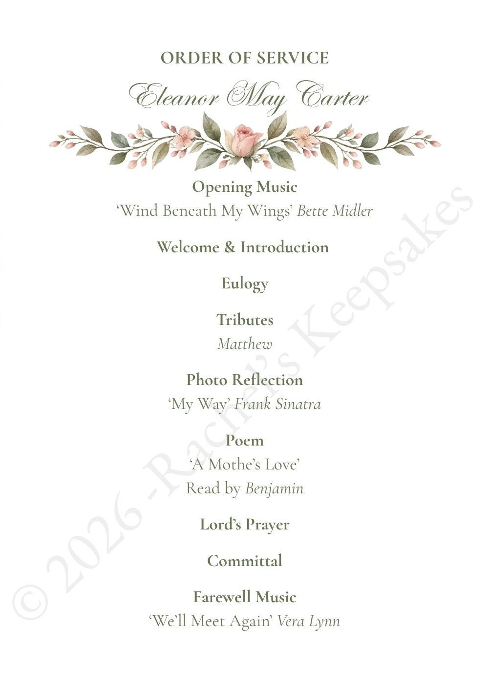 Blush Rose Funeral Order of Service Canva Template – A5 Folded