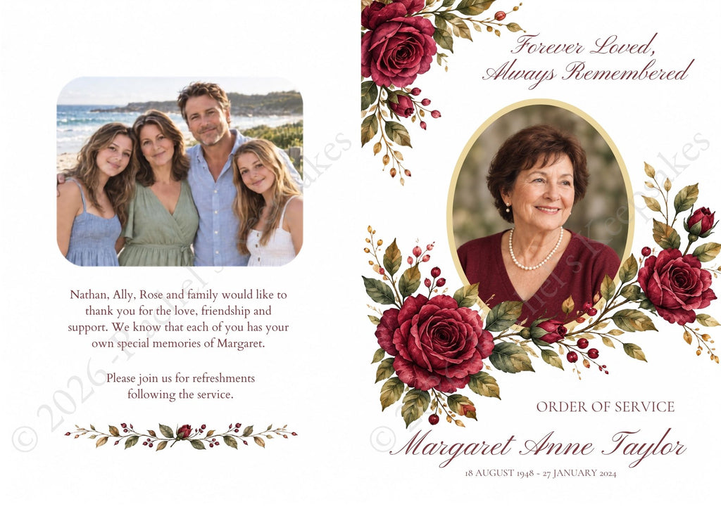 Burgundy Rose Funeral Order of Service Canva Template – A5 Folded
