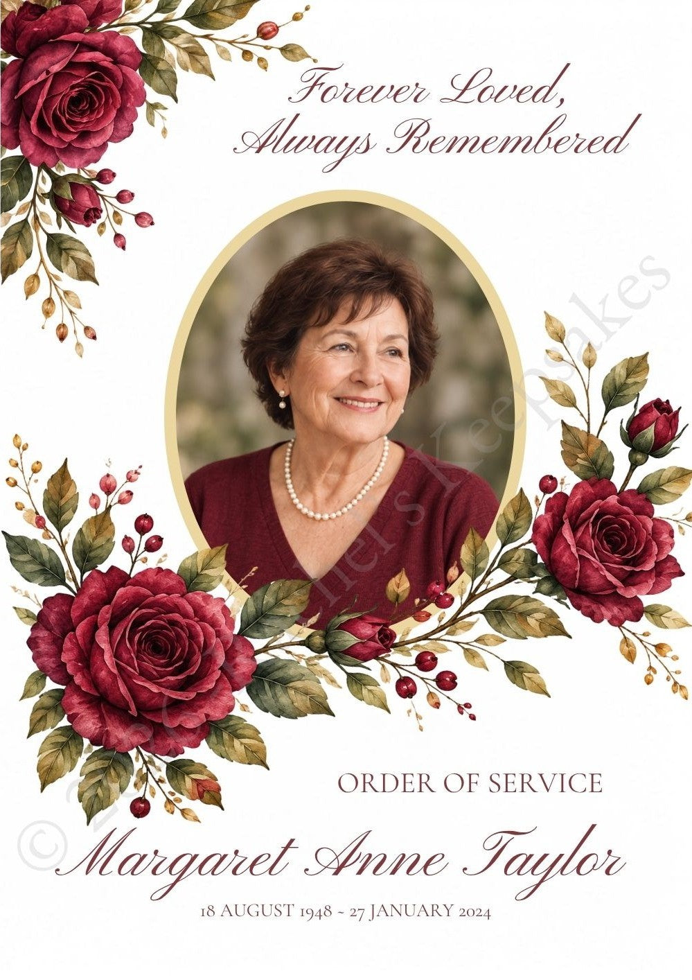 Burgundy Rose Funeral Order of Service Canva Template – A5 Folded