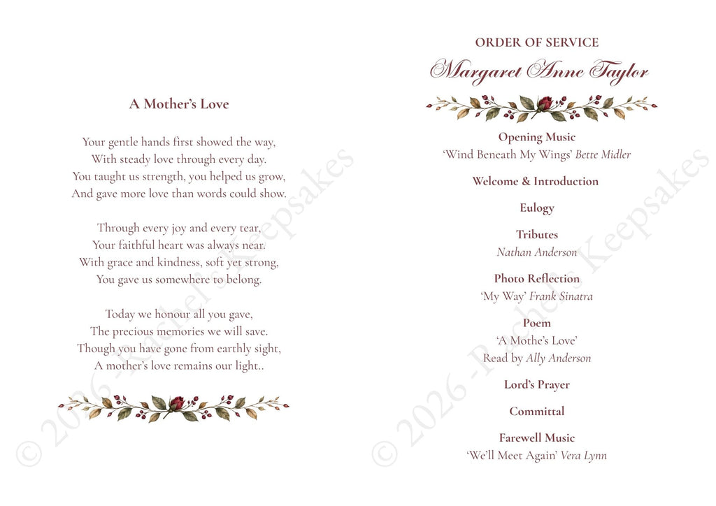 Burgundy Rose Funeral Order of Service Canva Template – A5 Folded