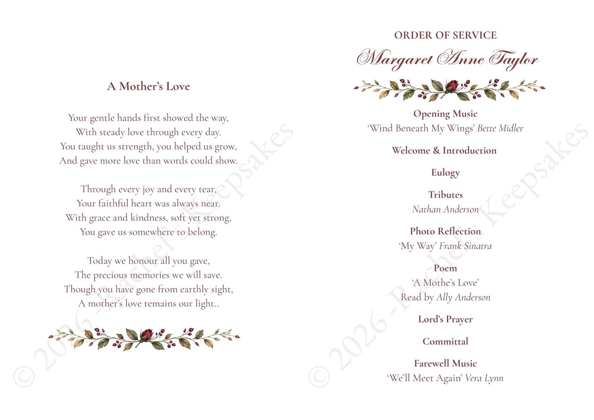Burgundy Rose Funeral Order of Service Canva Template – A5 Folded