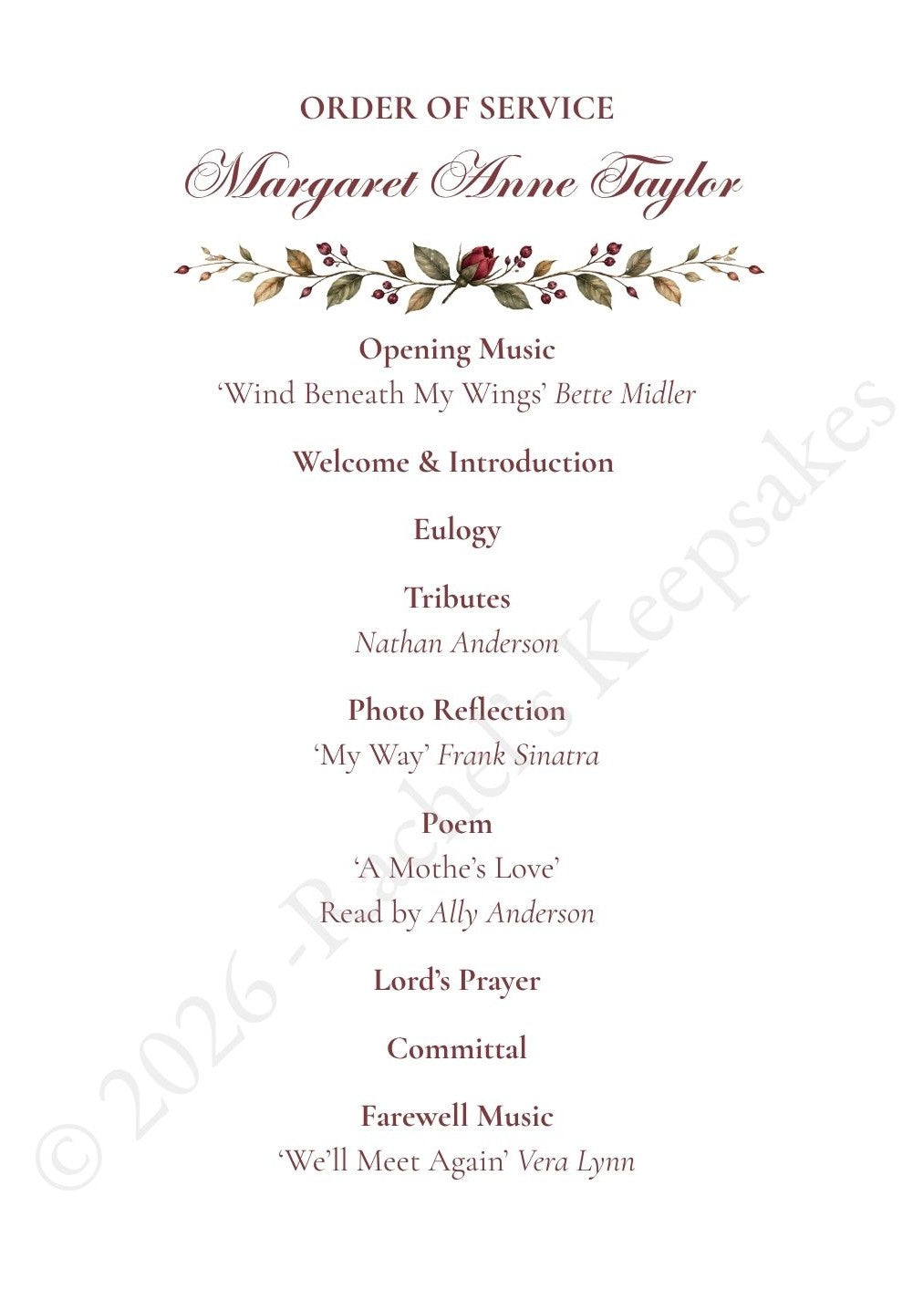Burgundy Rose Funeral Order of Service Canva Template – A5 Folded