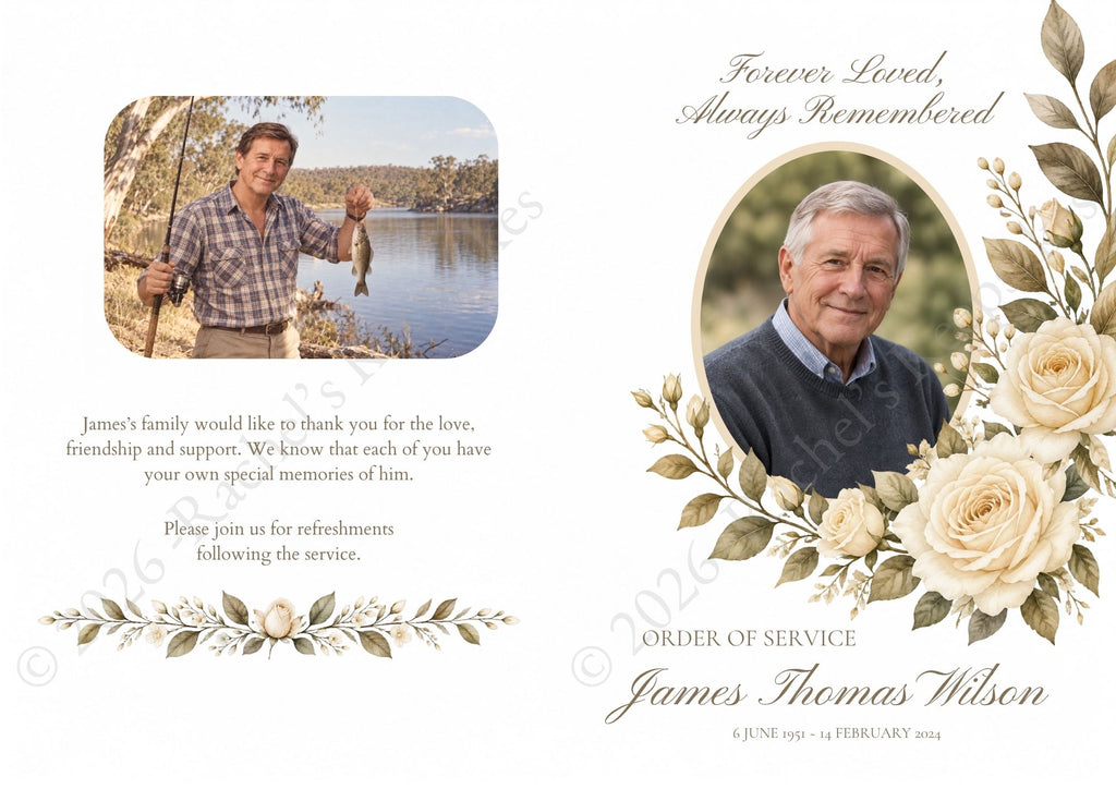 Ivory Rose Funeral Order of Service Canva Template – A5 Folded
