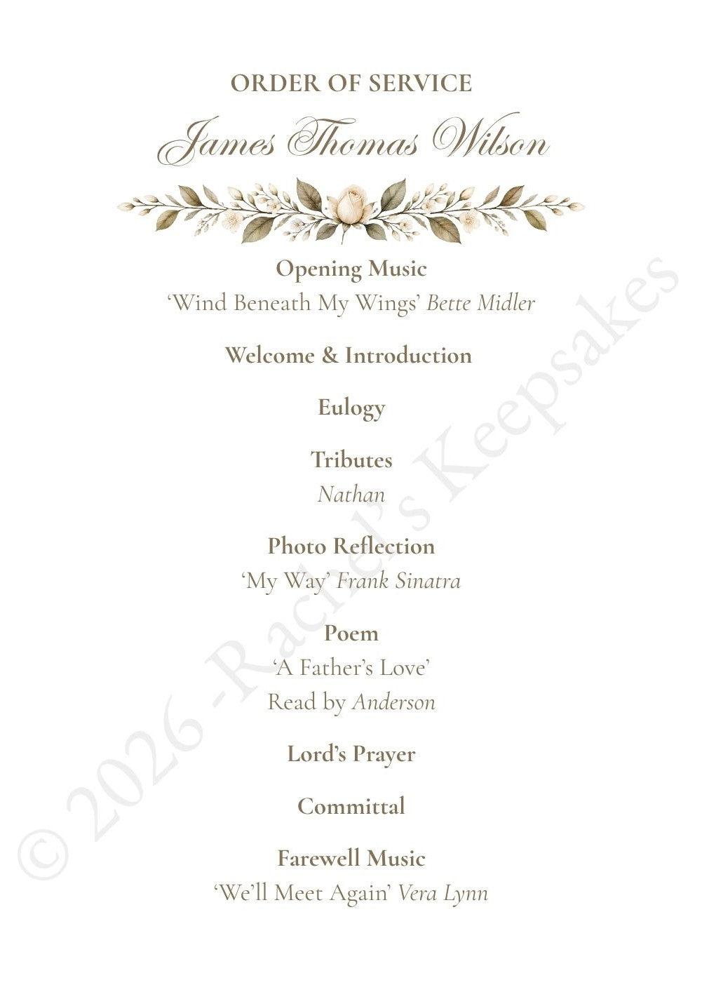 Ivory Rose Funeral Order of Service Canva Template – A5 Folded