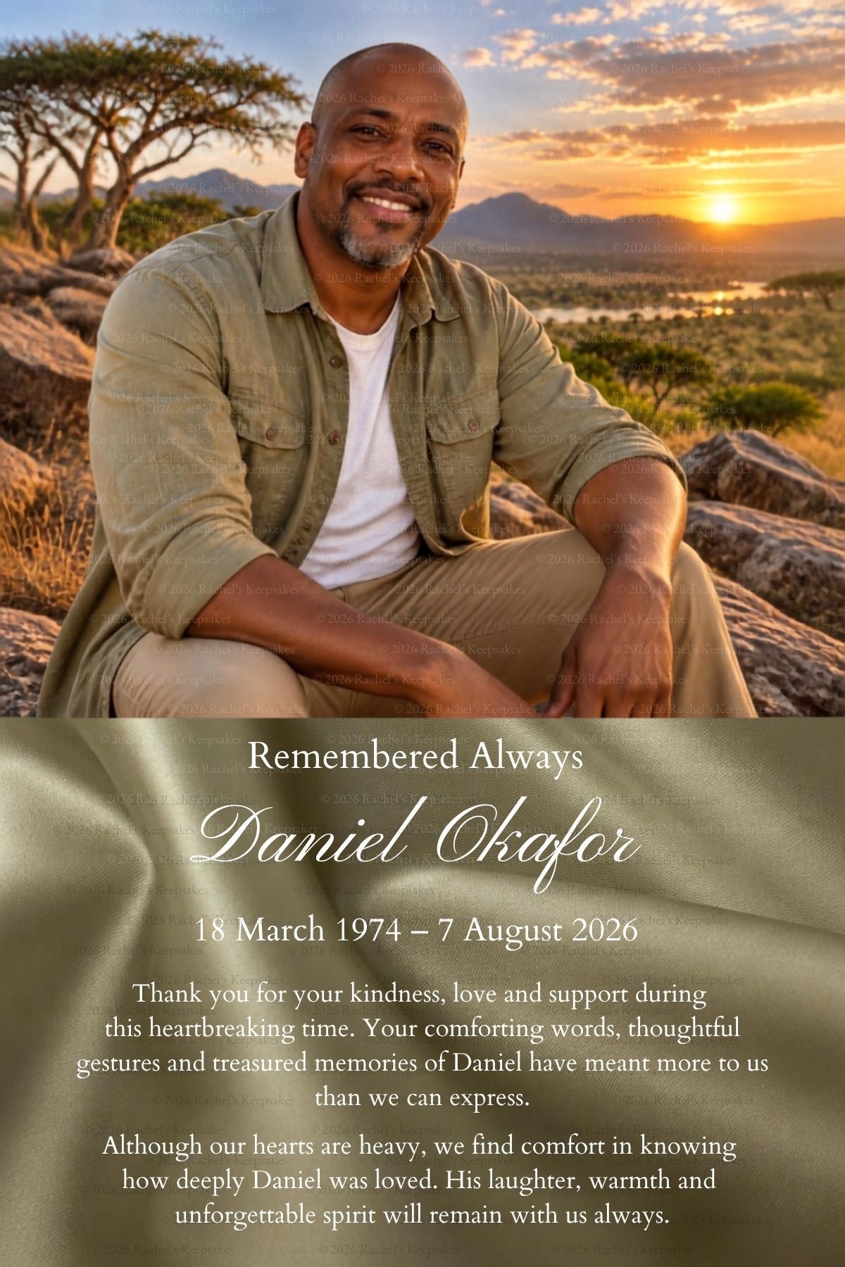 Olive Satin Portrait Memorial Postcard Canva Template – 4 × 6