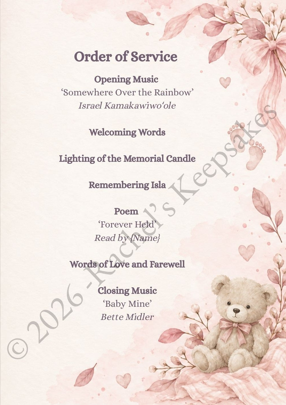 Nursery - Soft Blush Funeral Order of Service Canva Template