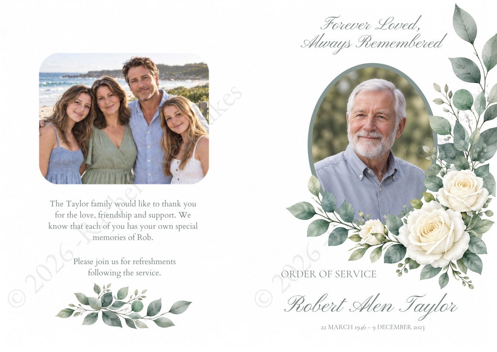 White Rose Funeral Order of Service Canva Template – A5 Folded