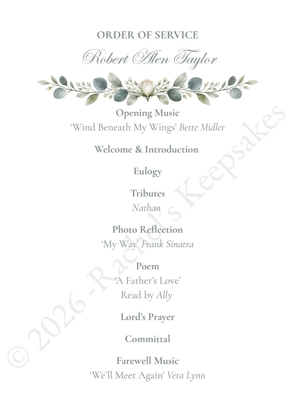 White Rose Funeral Order of Service Canva Template – A5 Folded