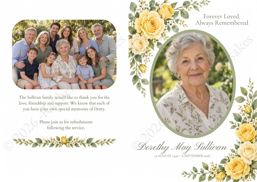 Yellow Rose Funeral Order of Service Canva Template – A5 Folded