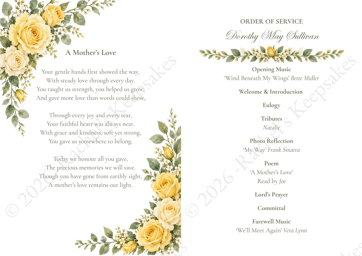 Yellow Rose Funeral Order of Service Canva Template – A5 Folded