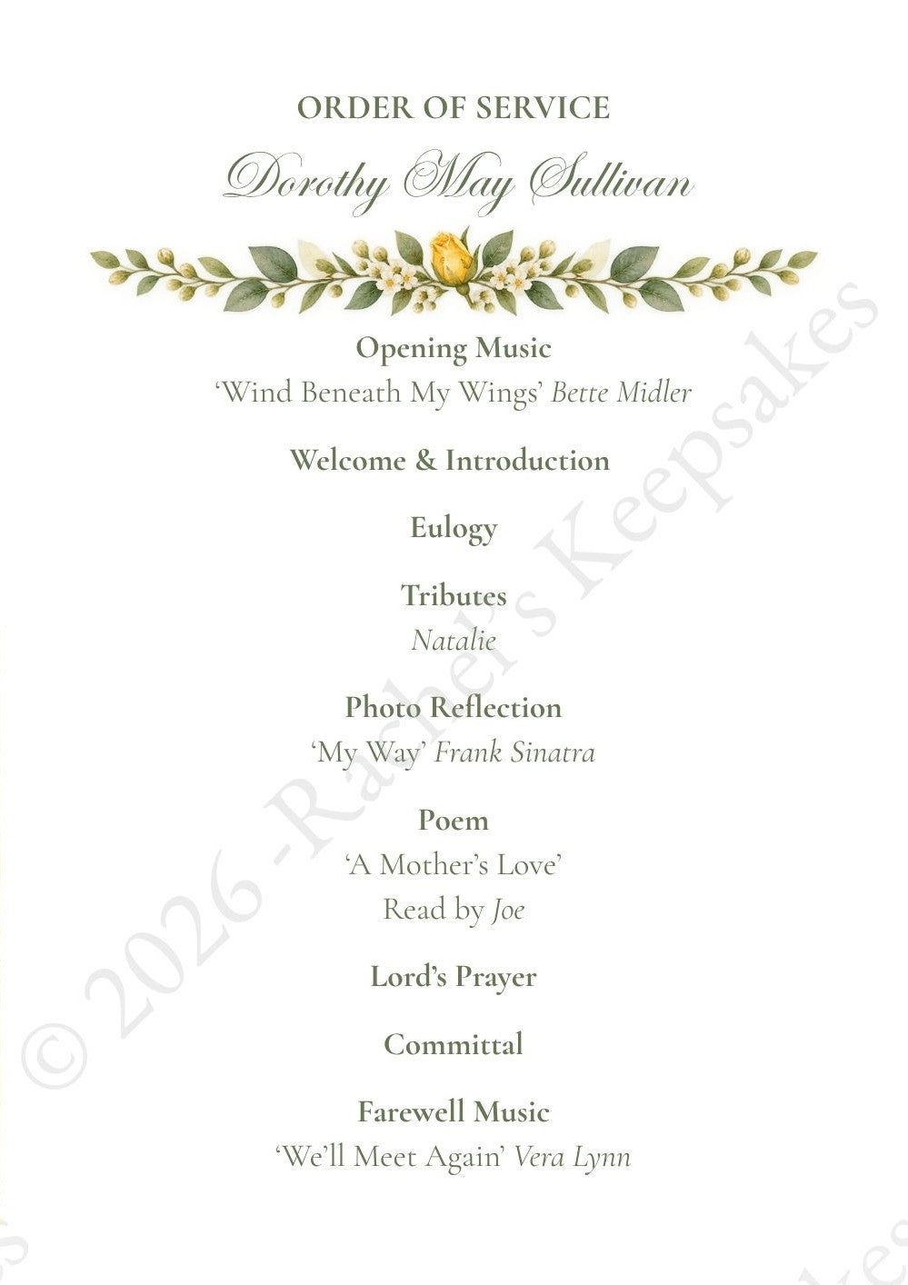 Yellow Rose Funeral Order of Service Canva Template – A5 Folded