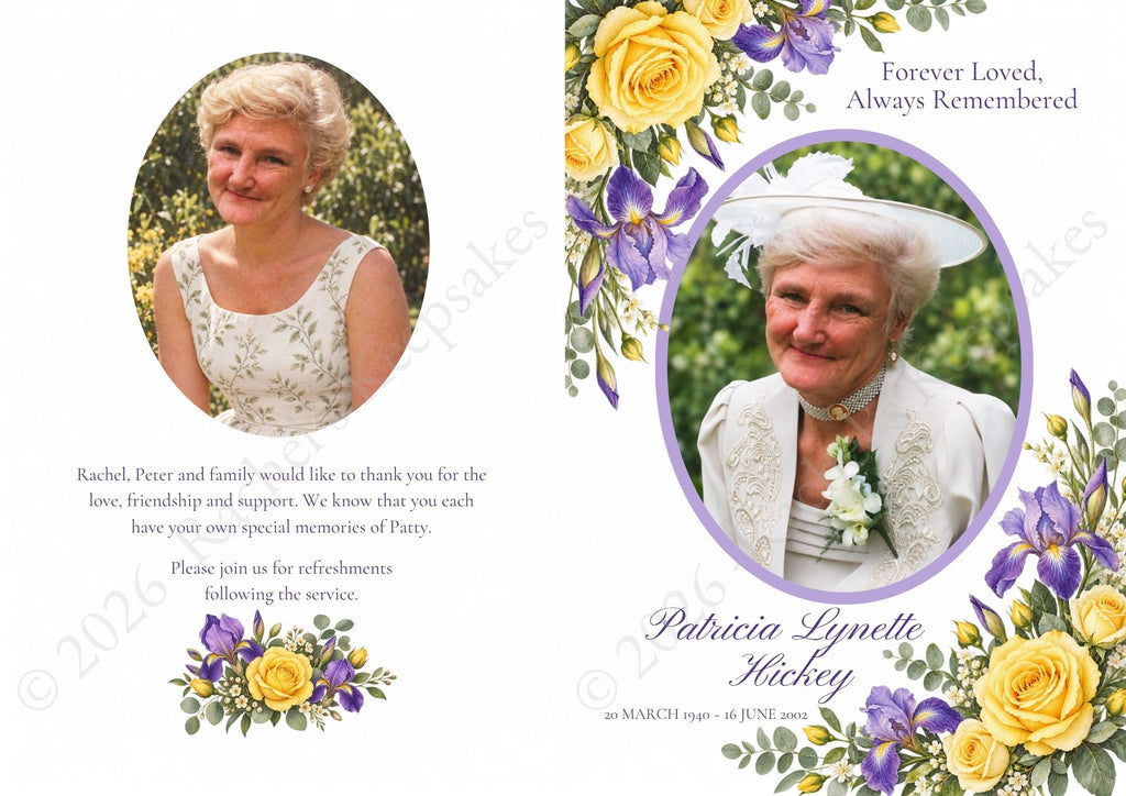 Yellow Rose & Iris Funeral Order of Service Canva Template – A5 Folded