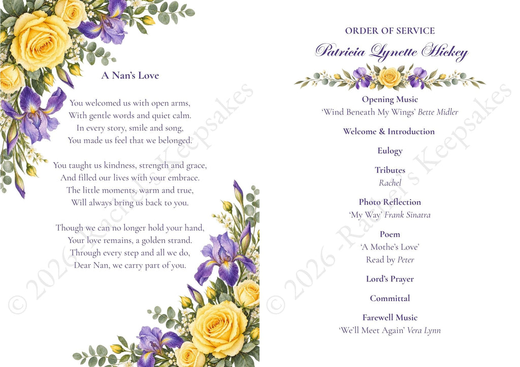 Yellow Rose & Iris Funeral Order of Service Canva Template – A5 Folded