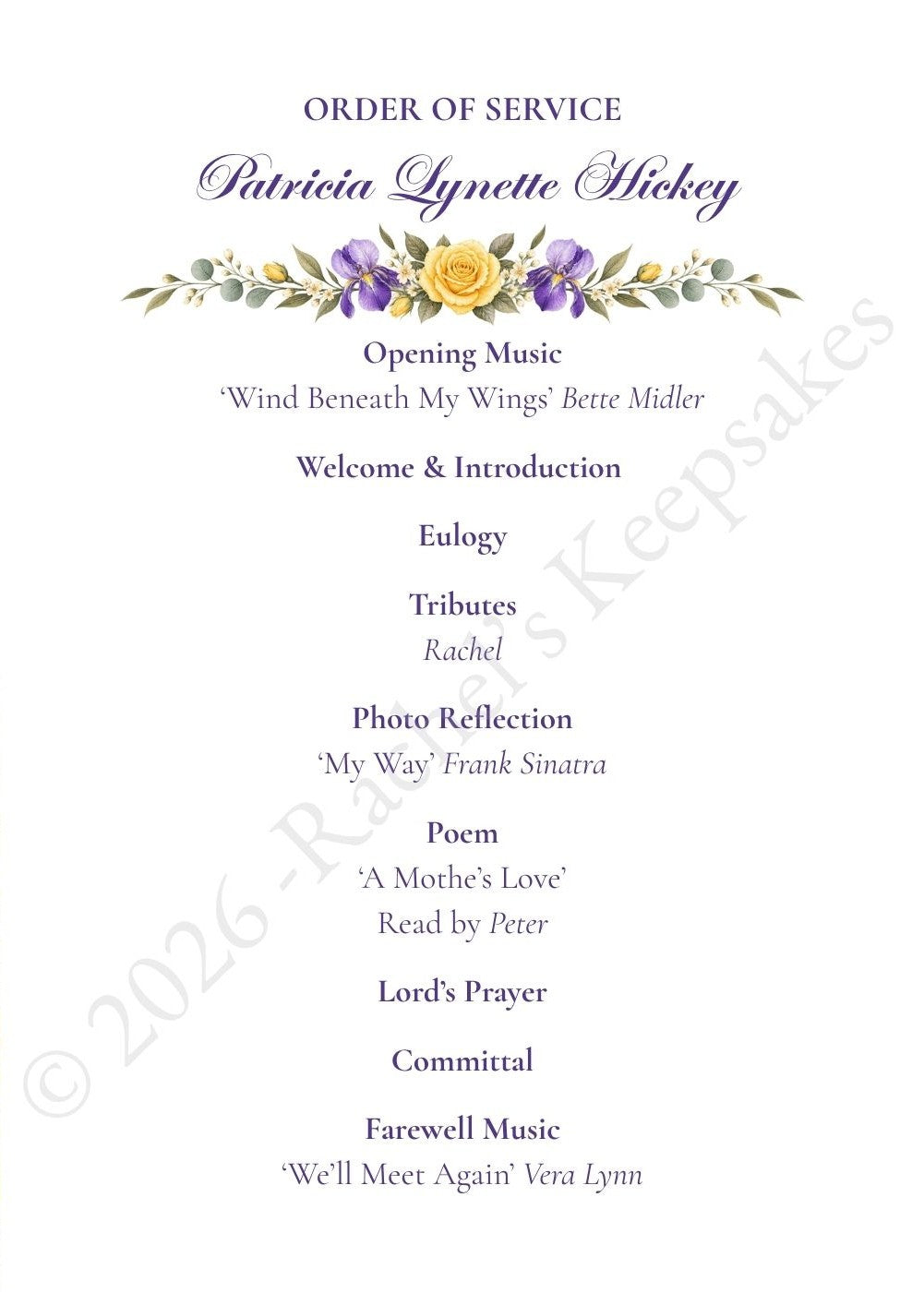 Yellow Rose & Iris Funeral Order of Service Canva Template – A5 Folded